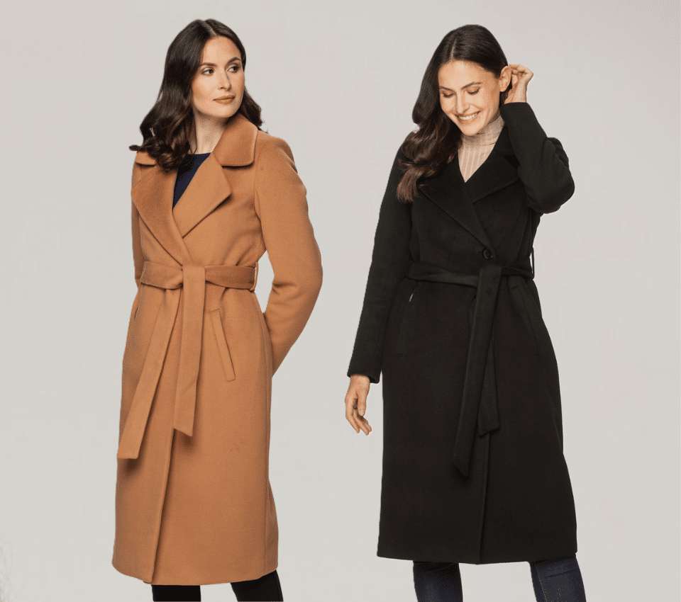 Wizualizacja dwóch kobiet w długich płaszczach: jednym beżowym i drugim czarnym z paskiem