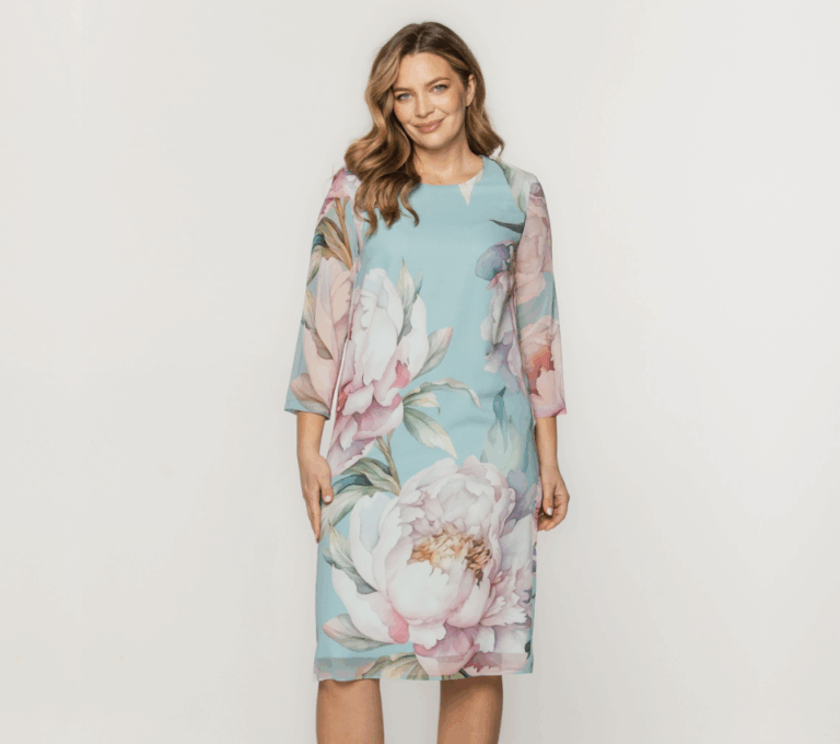 Wizualizacja kobiety w sukience o długości do kolan w kolorze turkusowym z motywem kwiatowym