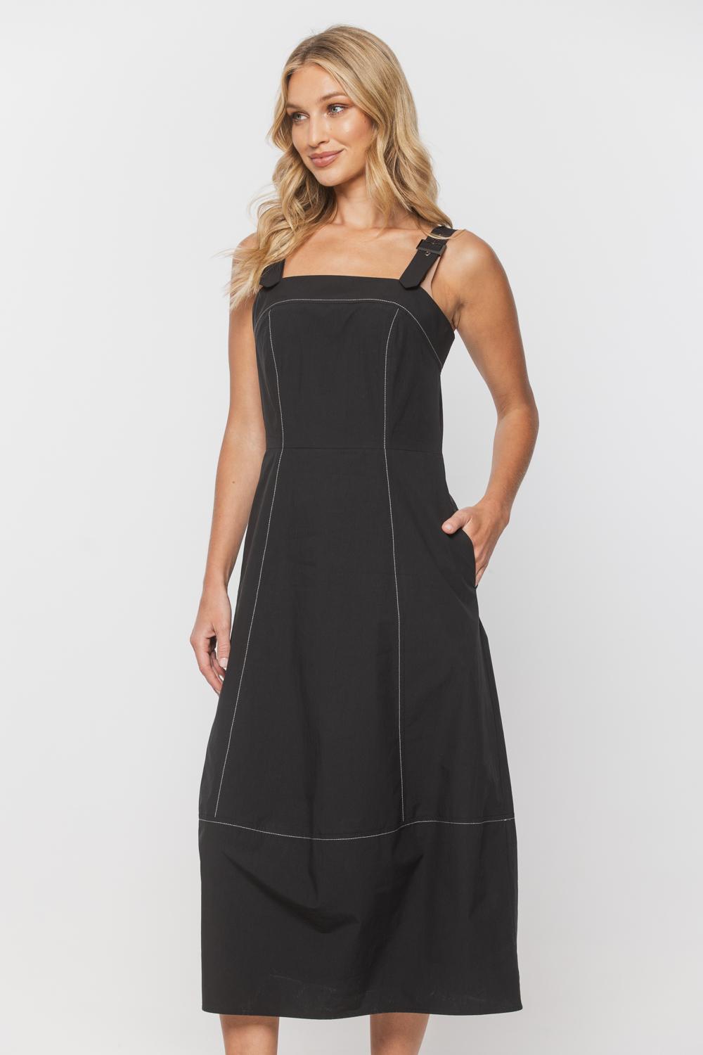 Cotton black dress with white stitching | Bialcon.pl