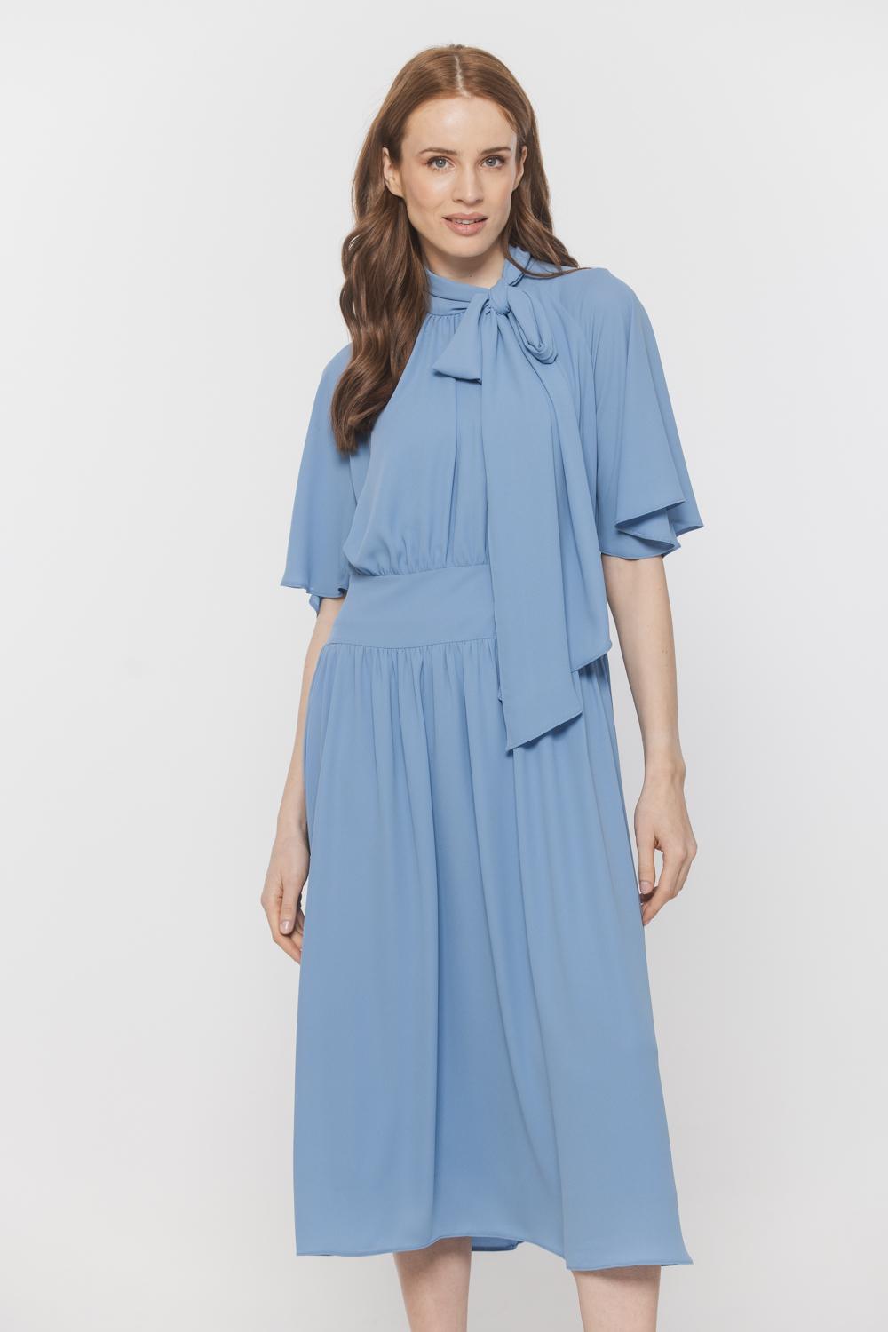Light blue airy knee-length georgette dress | Bialcon.pl