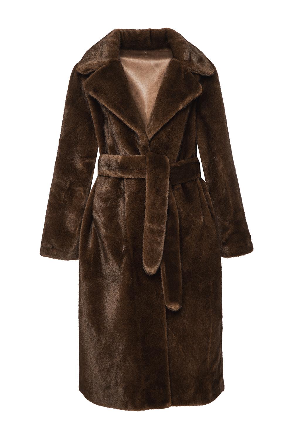 Long synthetic fur coat with a classic collar and hook fastenings