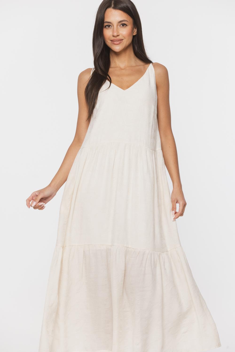 Ecru summer trapeze dress with ruffles - Bialcon