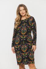 Bawełniana czarna sukienka z folkowym wzorem