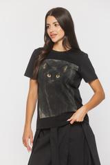 Bawełniany czarny t-shirt z nadrukiem kota