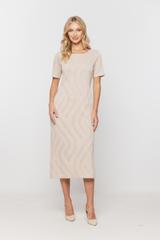 Beżowa ażurowa sukienka z krótkim rękawem