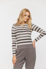 Beżowa dzianinowa bluzka w szare paski z długim rękawem