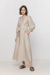 Beżowa portfelowa sukienka midi z bocznym wiązaniem