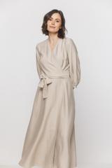 Beżowa portfelowa sukienka midi z bocznym wiązaniem