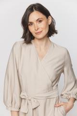 Beżowa portfelowa sukienka midi z bocznym wiązaniem