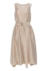 Beżowa sukienka midi z lnem o fasonie bombki