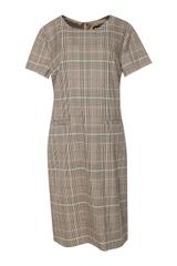Beżowa sukienka w kratkę o prostym fasonie