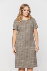 Beżowa sukienka w kratkę o prostym fasonie