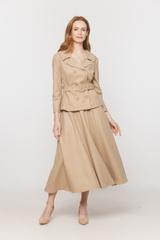 A beige double-breasted short jacket with a wide collar and a belt