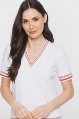 Biała dzianinowa bluzka z kontrastowym ściągaczem