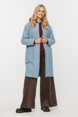 Błękitny jesienny płaszcz z wełny zapinany na napy