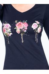 Wiskozowa bluzka z nadrukiem róż oraz kryształkami