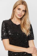 Błyszcząca czarna sukienka z cekinami i krótkim rękawem