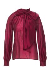 Bordowa stylowa bluzka z ozdobnym wiązaniem i bufiastym rękawem