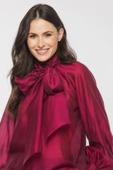 Bordowa stylowa bluzka z ozdobnym wiązaniem i bufiastym rękawem