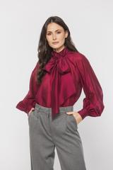 Bordowa stylowa bluzka z ozdobnym wiązaniem i bufiastym rękawem