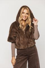 Brązowe miękkie futerko do pasa z rękawem 3/4