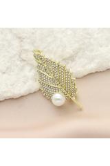 A gold leaf-shaped brooch with cubic zirconia and a pearl