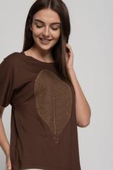 Dzianinowa luźna bluzka z nadrukiem liścia na przodzie