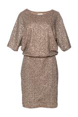 Cekinowa ciemnobeżowa sukienka z nietoperzowym rękawem