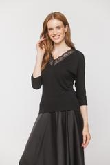Black knit blouse with lace at the neckline
