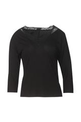 Black knit blouse with lace at the neckline