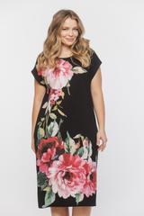 Czarna dzianinowa sukienka w różowe kwiaty