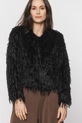 Czarne wyjściowe futerko z efektownymi frędzlami