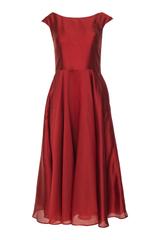 Czerwona zwiewna sukienka midi z kieszeniami