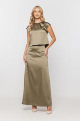 Długa oliwkowa spódnica z eleganckiej satyny