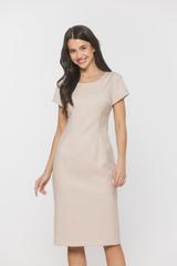 Dopasowana klasyczna beżowa sukienka z krótkim rękawkiem