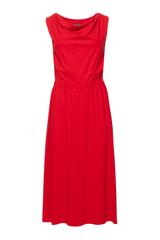 Knitted red dress with a feminine neckline
