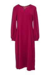 Elegancka rubinowa sukienka z długimi bufiastymi rękawami