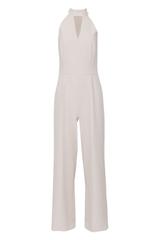 Elegancki beżowy kombinezon ze stójką i szeroką nogawką