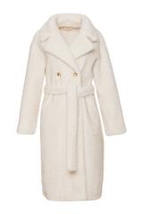 Elegancki futerkowy płaszcz ecru z wiązaniem w talii