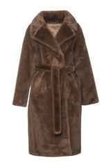 Elegancki futerkowy płaszcz kawowy z wiązaniem w talii