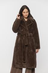 Elegancki futerkowy płaszcz kawowy z wiązaniem w talii