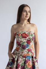 A jacquard corset made from a matt fabric with a floral pattern