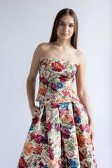 A jacquard corset made from a matt fabric with a floral pattern