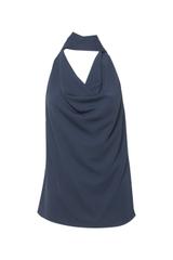 Granatowa wizytowa bluzka z szarfą i dekoltem woda