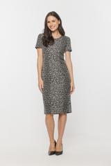 Kobieca ołówkowa sukienka z motywem panterki w odcieniach szarości