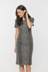Kobieca ołówkowa sukienka z motywem panterki w odcieniach szarości