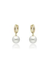 Gold hoop drop earrings with a large white pearl