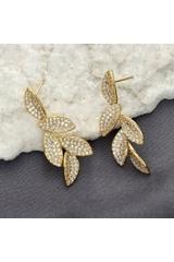 Elegant gold leaf-shaped earrings set with cubic zirconia