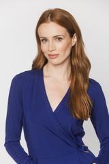 A plain wrap-around dress made from sapphire-coloured knitwear