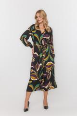 Kopertowa wiskozowa sukienka midi z długim bufiastym rękawem